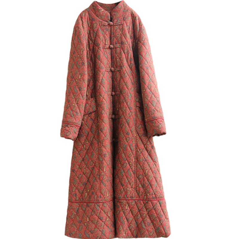 

winter new ethnic women's cotton-padded jacket retro buckle quilted long cotton jacket women
