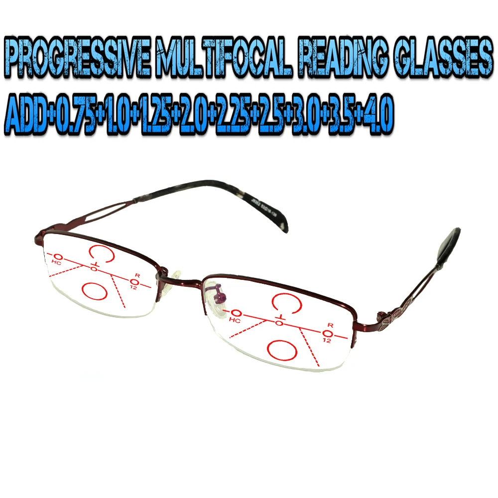 

Progressive Multifocal Anti Blu Light Reading Glasses Red Men Women High Quality Rectangular Metal Frame +0.75 To +4