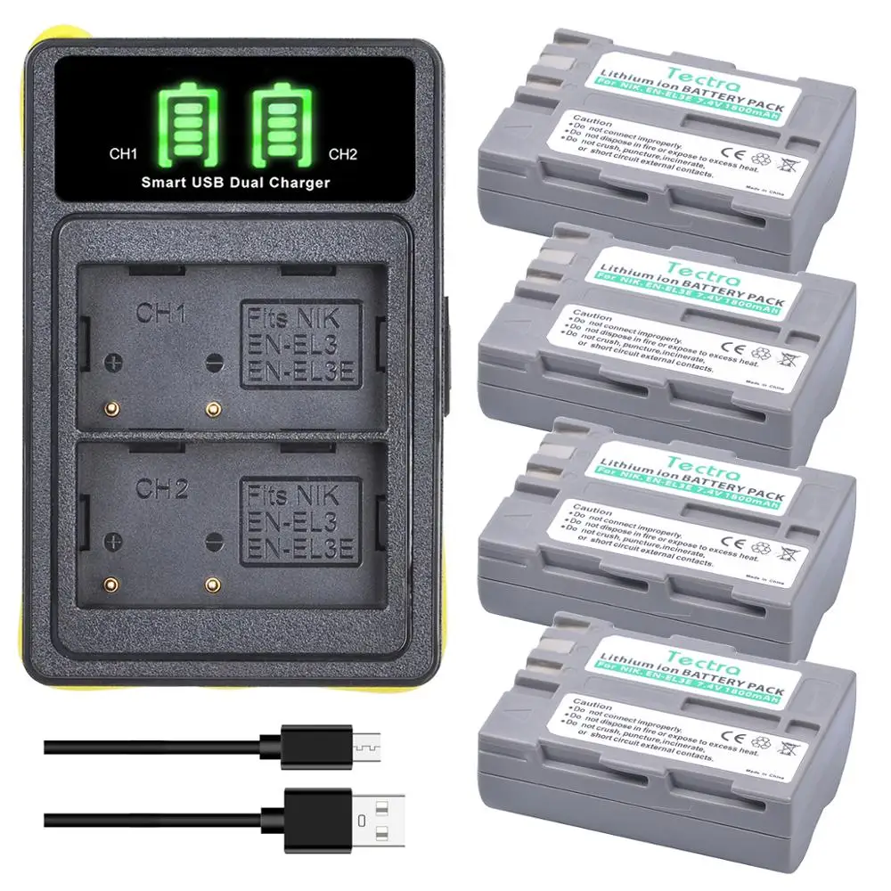 EN-EL3e Camera Batteries &Type-C Port LED USB Charger for Nikon D30 D50 D70 D70S D90 D80 D100 D200 D300 ENEL3e