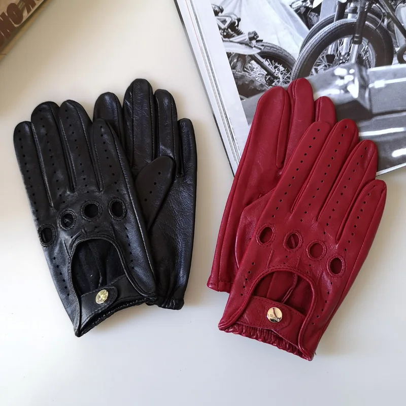 

Women's Real Leather Gloves Ultra-thin Short Style Single Layer Unlined Driving Imported Lamskin Locomotive Gloves EL041N