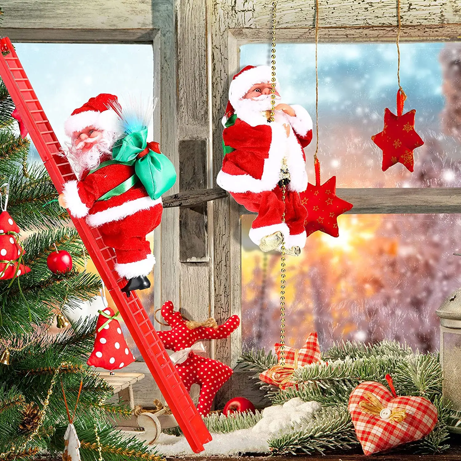 2022 Happy New Christmas Decorations Santa Claus Automatic Climbing On Rope For Home Indoor Shop Xmas Gift Wall Window Hanging