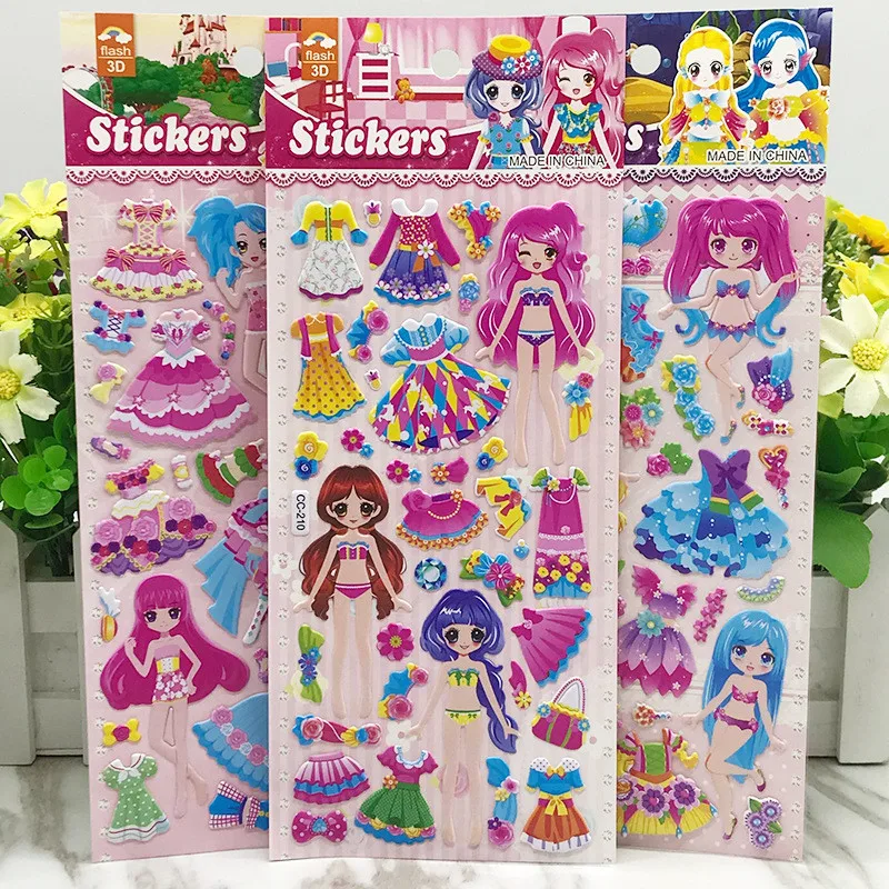 10Pcs/lot DIY Cute Princess Dress up 3D Sticker For Diary Phone Laptop Book Cartoon Kids Kawaii Bubble Beauty Stickers Girl Toys