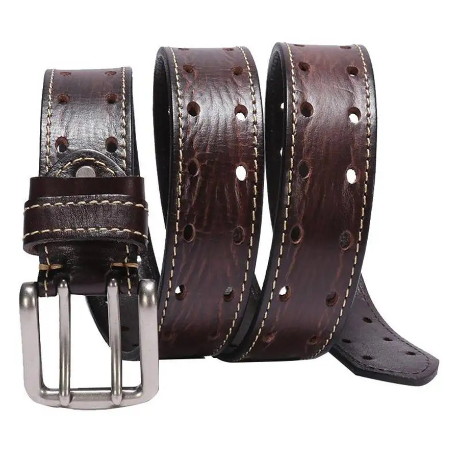 Men's Leather Double Prong Belt New Leather Belts for Men Classic Double Row Hole Belt Universal Hollowed Out Belt Jeans