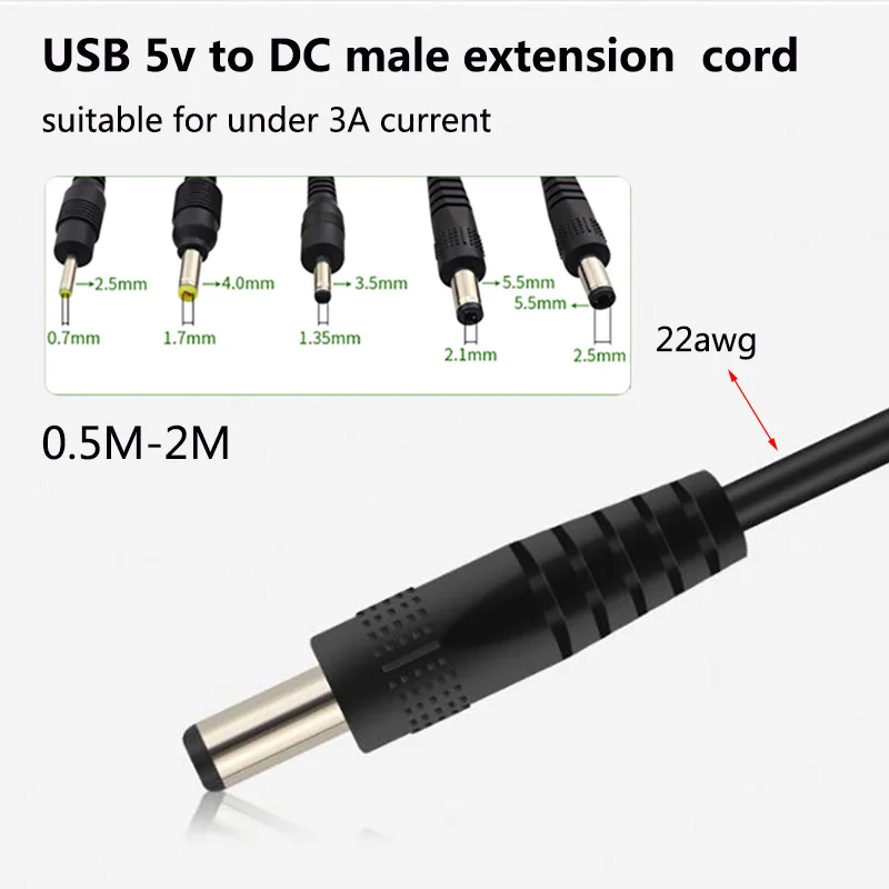 USB Tipo A Macho para Cabo de Alimentação DC, Jack Conector Plug, 0.5m, 2m, 5V, 3.5mm, 1.35mm, 4.0mm, 1.7mm, 5.5mm, 2.1mm, 5,5 milímetros, 2,5 milímetros