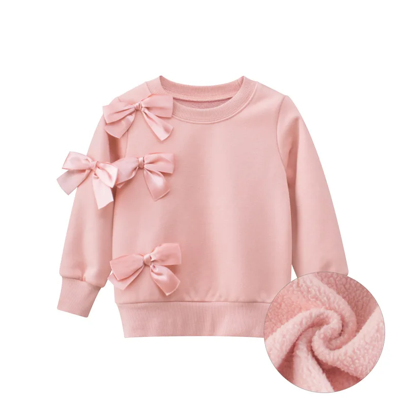 

2021 Autumn Winter Kids Girls Sweatshirts Coat Bow Decorate Pink Clothes Children Fluff Sport Casual Sweater