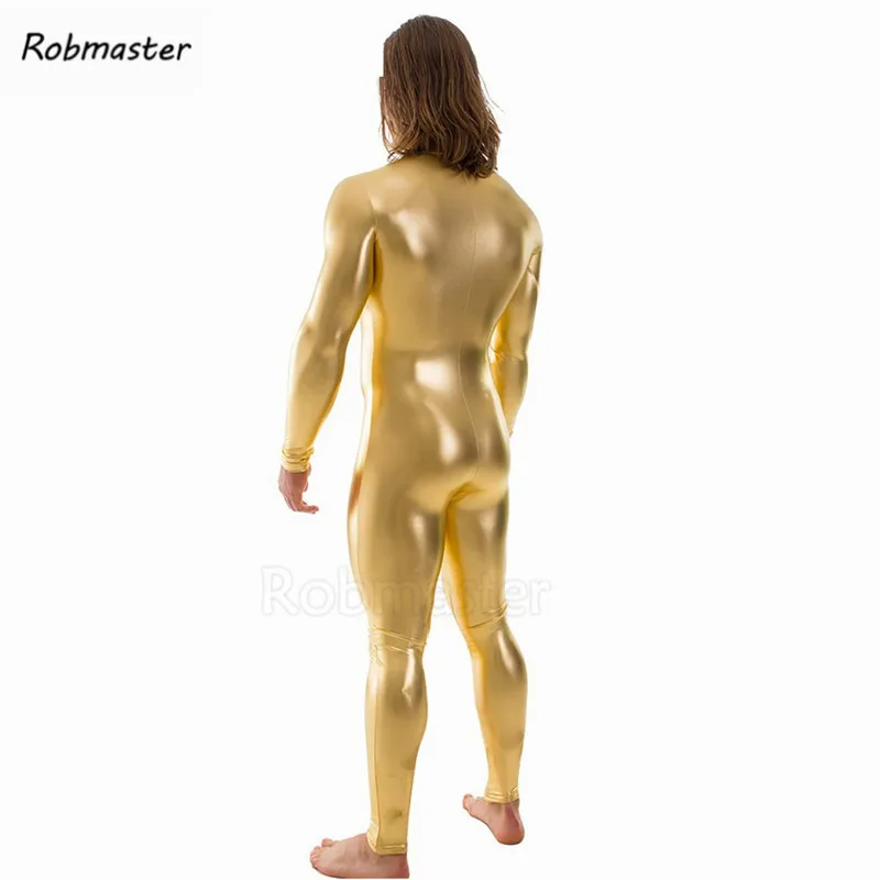 Men Latex Suit Gold Silver Black Shiny Metallic Tights Headless Zentai Suit Long Sleeve Front Zip Unitard Custom Skin Bodysuit