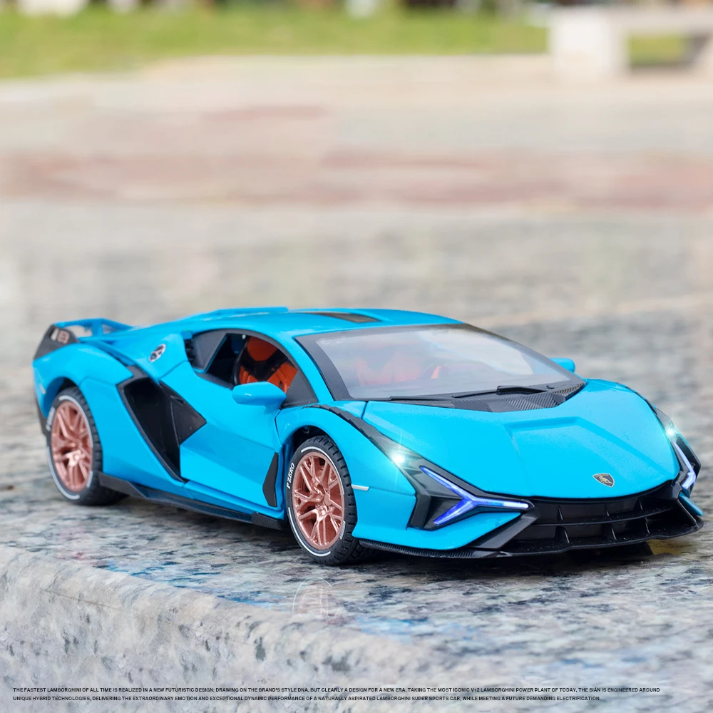 Lambos Sian FKP37 modelo de carro esportivo, 1:24, som fundido, super corrida, cauda de elevação, roda de carro quente para crianças, presentes, novo