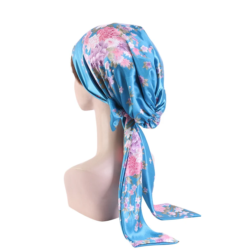 New Women silky satin night sleeping cap head wrap Bowknot Turban Pre Tied Fitted Bandana Chemo cap Nightcap hair loss patients