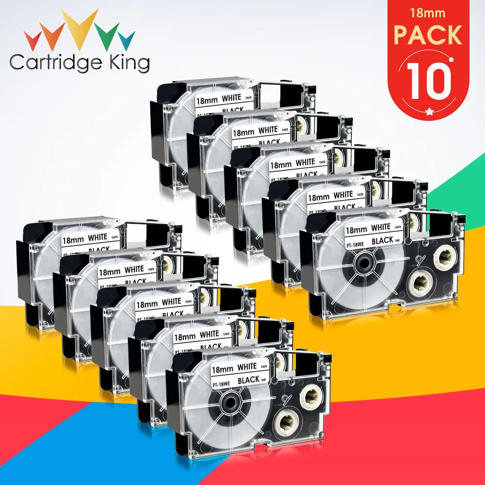 

10PCS 18mm XR-18WE Black on White Label Tape for Casio Printer Ribbon for Casio KL-170PLUS KL-G2 KL-120 CW-L300 KL-430 KL-C500