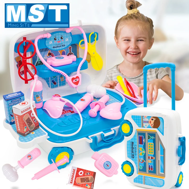 

Portable Medical Pretend Play Kitchen Toy Set Tableware Trolley Suitcase Doctor Game Toys Medicine Box Travel Case For Children