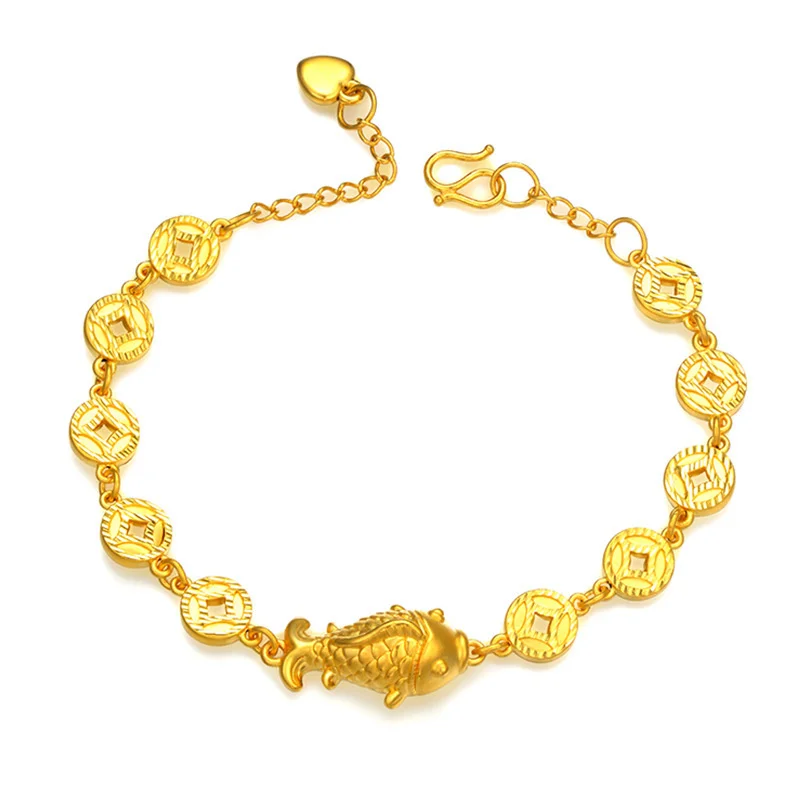 Pulsera de oro tallado a mano para hombre y mujer, accesorio de joyería Natural, con forma de pez, regalo de la suerte