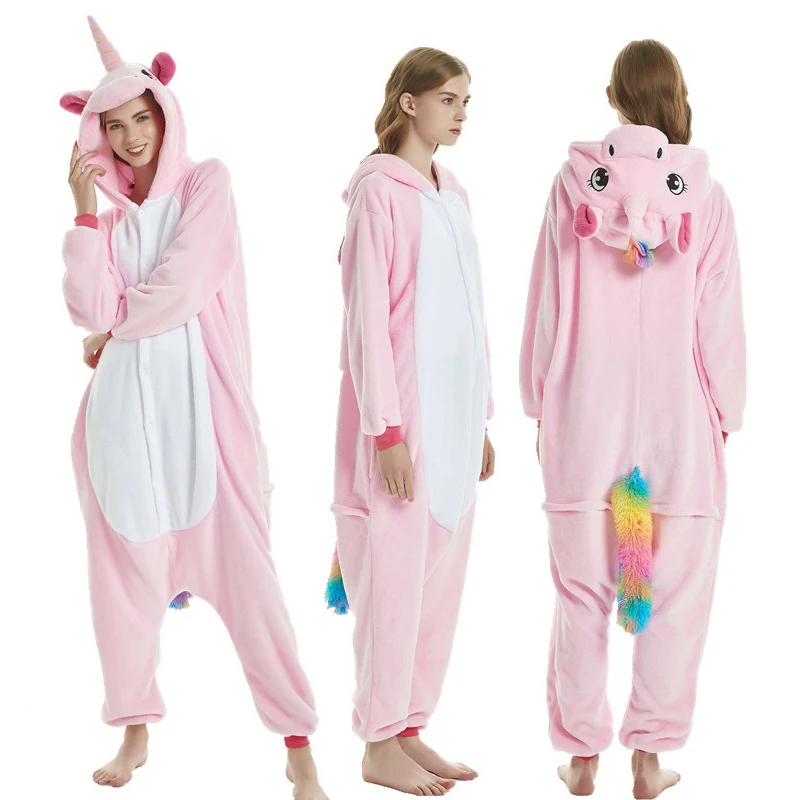 Pink Pegasus Women Pajama Suit Kigurumis Animal Unicorn Onesie Homewear Colorful Tail Sleepwear Flannel Adult Pijamas Party