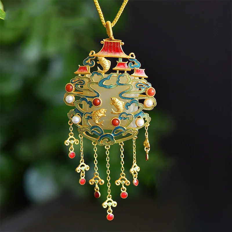 Foydjew Goldfish Imitation Hetian Jade Necklaces Plated Gold Retro Necklace Female Ethnic Style Chinese Style Sweater Chain