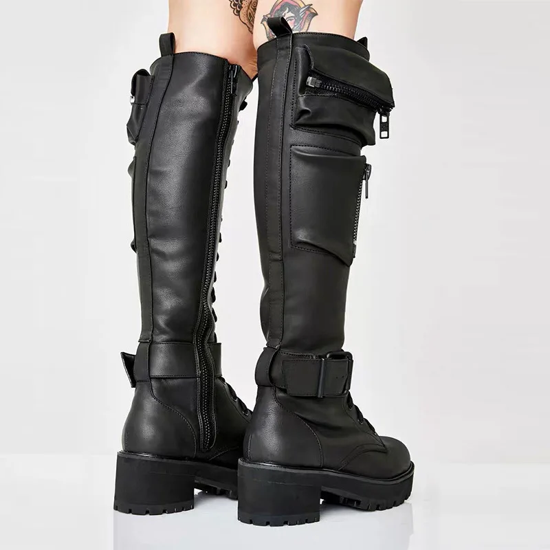 Women Cool Knee High Equestrian Boots Goth Zipper Design Cool Lace Up Chunky Heel High Quality Rider Shoes Woman Motorcycle