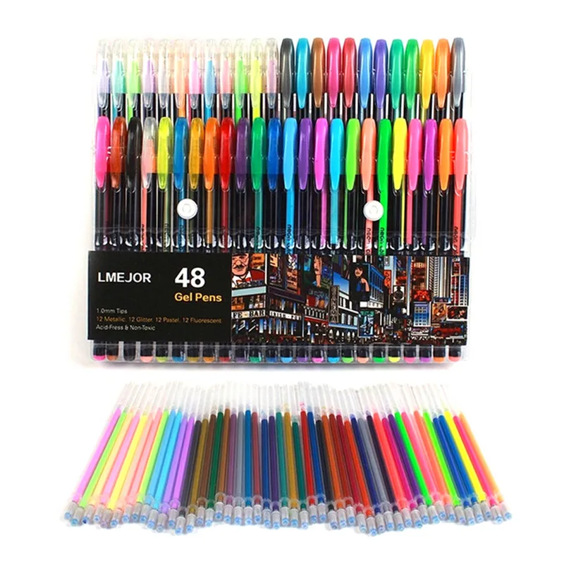 48Pcs Fluorescent Gel Tinta Pena Isi Ulang Cat Air Brush Warna-warni Alat Tulis Neon Set