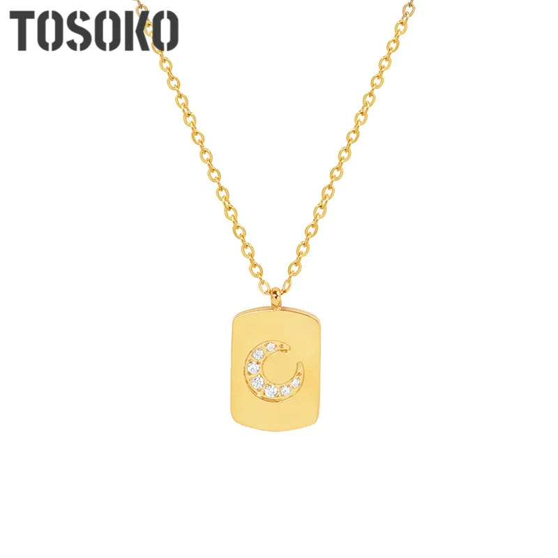 TOSOKO Stainless Steel Jewelry Square Brand Moon Haoshi Pendant Necklace For Women Elegant And Simple Clavicle Chain BSP108