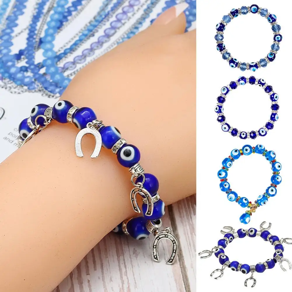 

Evil Eyes Beaded Bracelet 4 Types Blue Stretch Charm Wrist-band Chain Amulet Jewelry with Blue Eye Horseshoe Artificial Gemstone