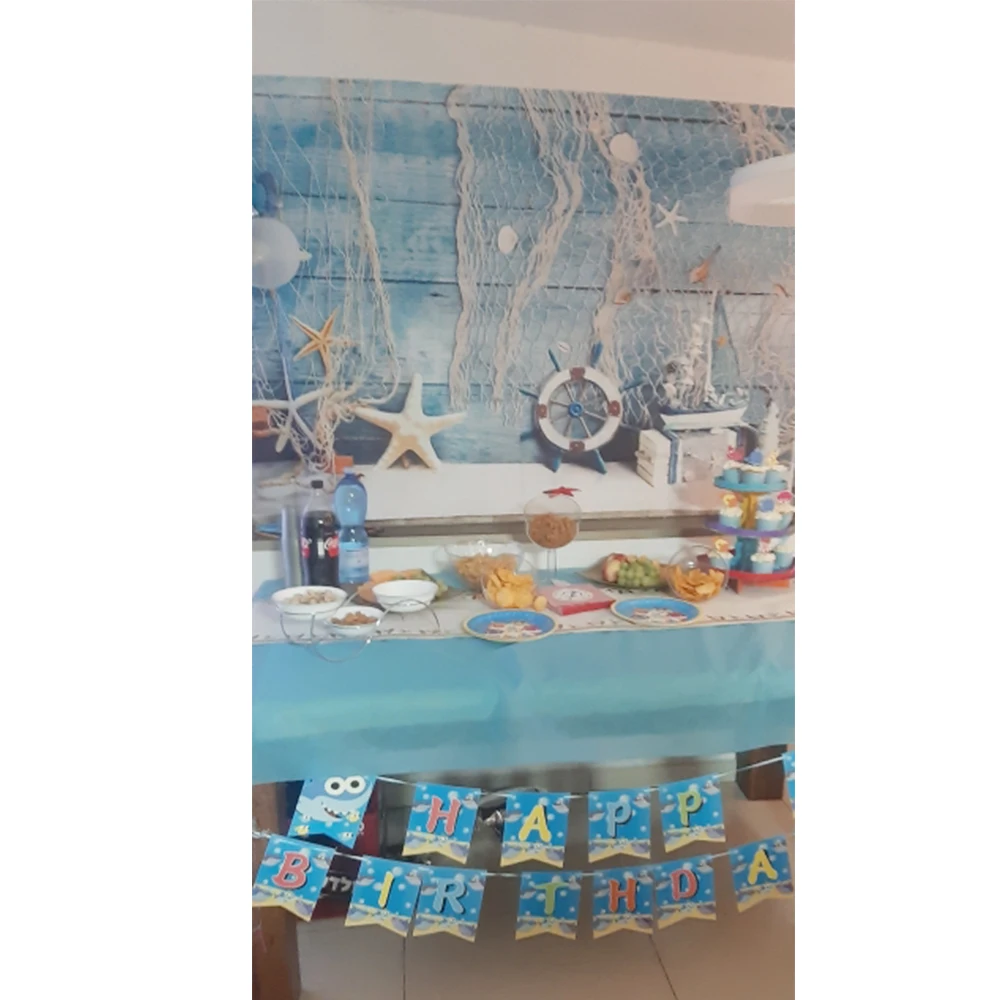 Toile de fond de photographie de marin, gouvernail nautique, étoile de mer, planche d'attelle en bois bleu, toile de fond de portrait de bébé, accessoire de séance photo Cake Smash