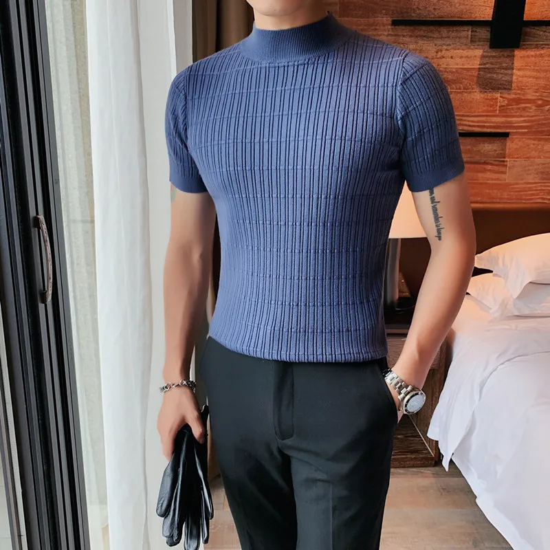 2021 Autumn Knitted T-shirt Men Slim Short Sleeve Sweater Half Turtleneck Casual Tee Tops Streetwear Bottoming Shirt Clothing