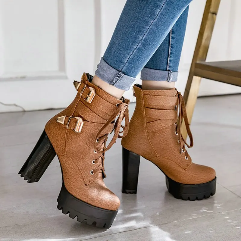 Sianie Tianie lady platform thick block high heels woman shoes lace up buckle strap women ankle boots plus size 33-48  45 46 47