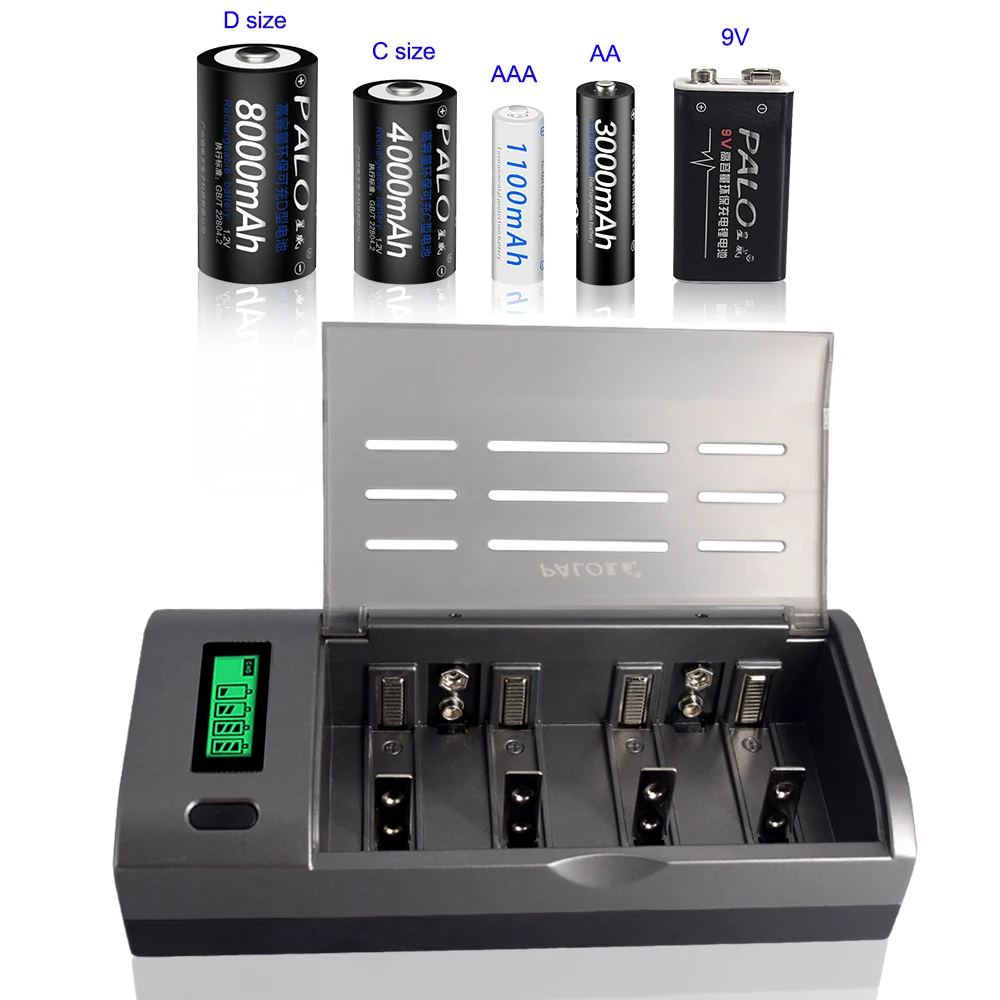 PALO Multi Usage 4 Slots LCD Display Battery Charger For Nimh Nicd 1.2V AA AAA C D Size or 9V Rechargeable Battery Quick Charger