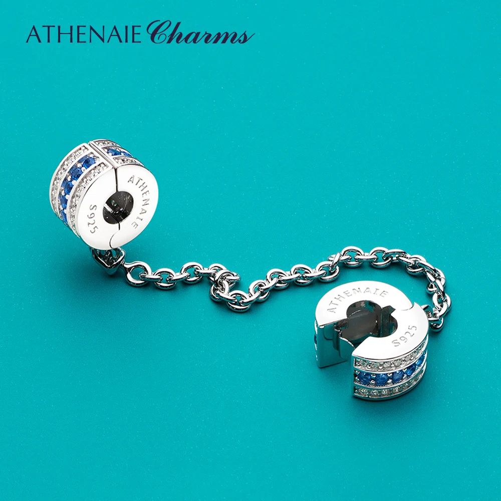 

ATHENAIE 925 Sterling Silver Shine CZ Bright Blue Starry Safety Chain Stopper Charms Fit European Bangle Bracelets