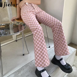 Jielur Slim Plaid High-waisted Straight Pants for Women Casual Pink Flare Pant Female 2021 Summer Streetwear Women's Trousers