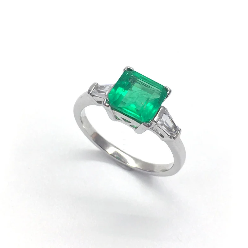 VANTJ Real 10K White Gold Rings Lab Grown Hydrothermal Created Colombia Emerald 