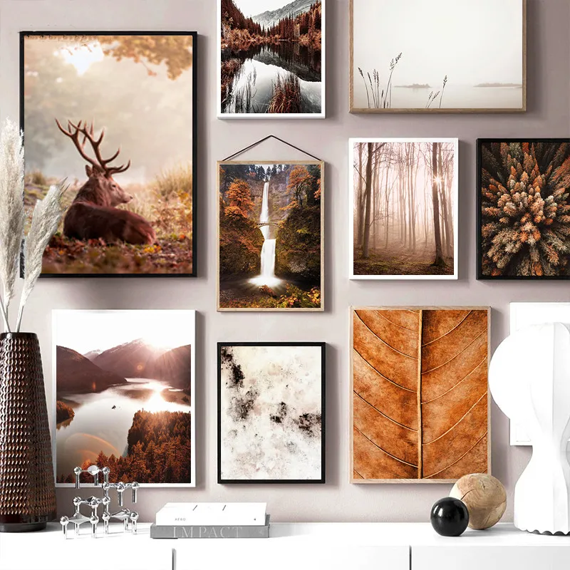 Autumn Leaf Waterfall Lake Poster Deer Reed Sunlight Forest Canvas Painting Print Tree Top Artsy Wall Decor Landscape Pictures