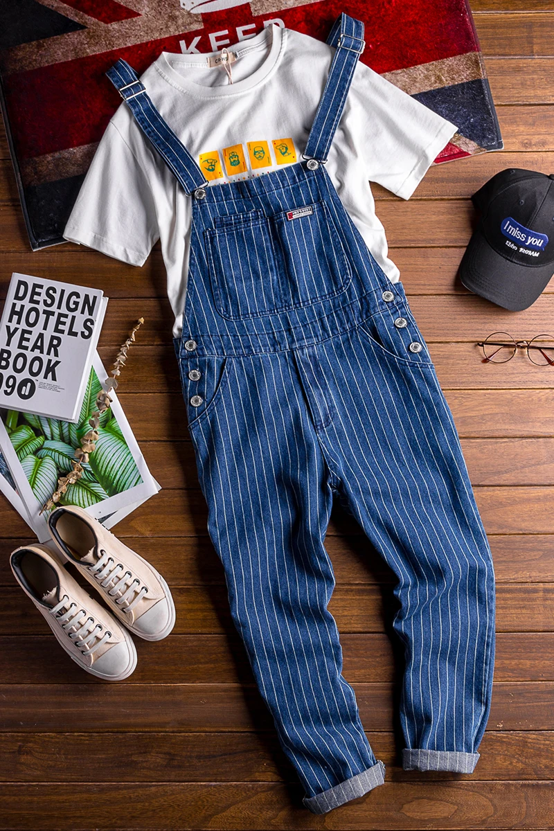 Sokotoo Herren-Latzhose mit Streifenmuster, blaue Jeans-Latzhose, Latzhose, Overall, Jugend-Jeans – Detail 3