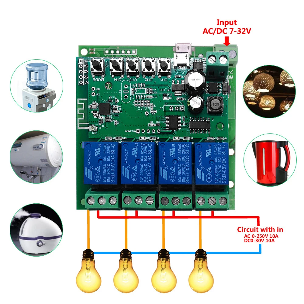 WiFi Smart Switch Self-Locking 4-Way Relay Module Remote Control DC 5V-32V/12V AC 220V Wireless Interlock Switch for Smart Home