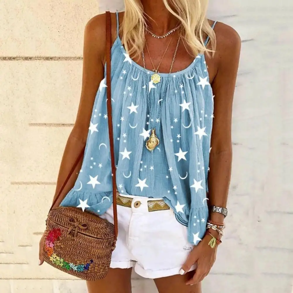 Women Camisole T-shirt Star Moon Print Spaghetti Strap Blouse U-neck Sleeveless Summer Vest Women Tops Oversized T-shirt Blusas