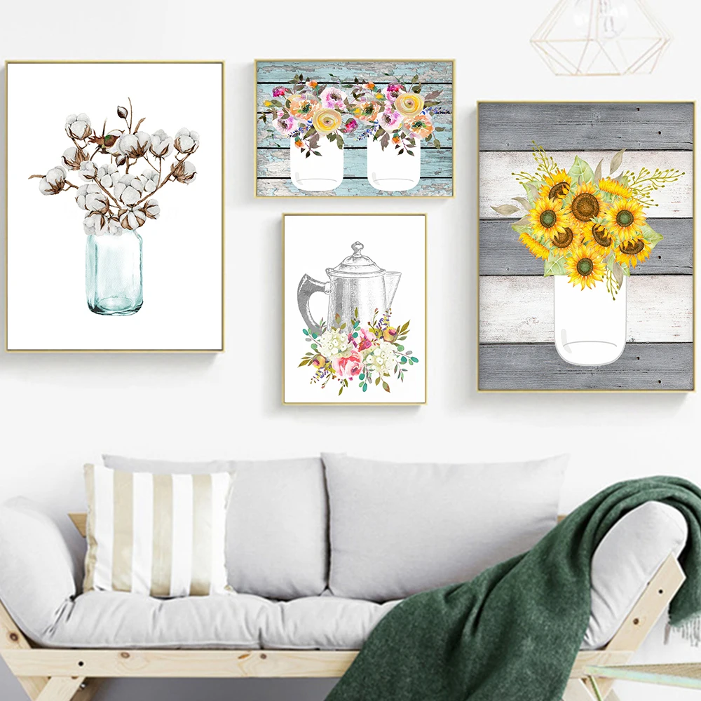 

Cotton Sunflower Wall Art Poster Watercolor Coffeepot Flower Canvas Painting Prints Nordic Picture Aesthetic Kitchen Home Decor