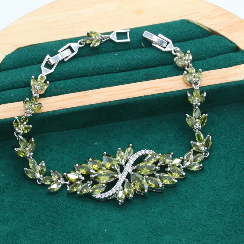 Olive Green Stone Silver Color Jewelry Set for Women Wedding 4 Colors Bracelet Earrings Necklace Pendant Ring Birhday Gift