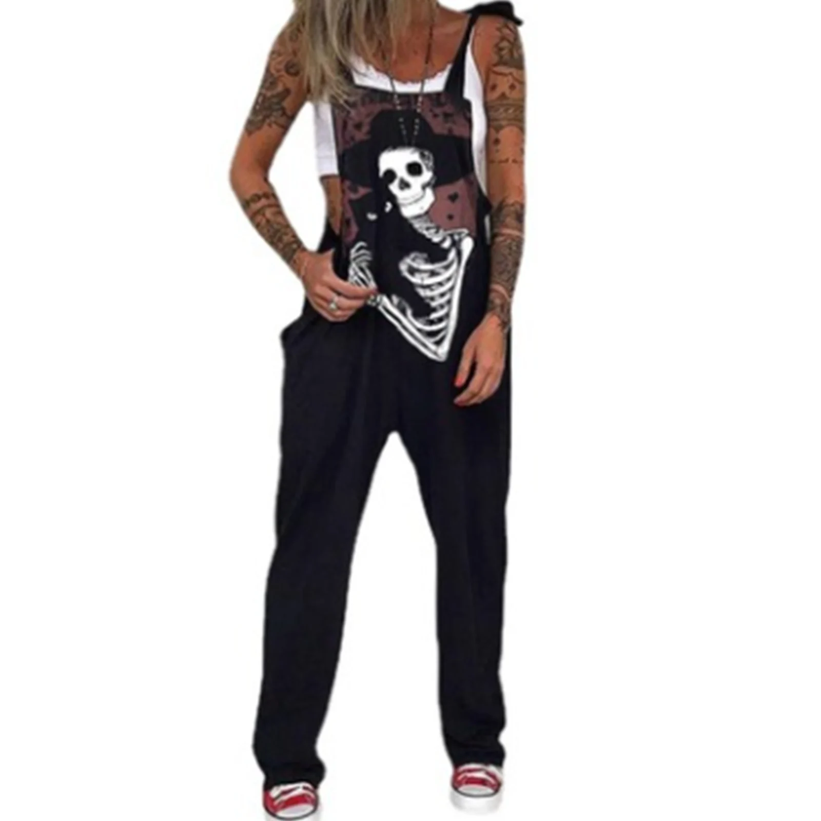 Women Spring And Autumn Loose Straight Leg Casual Jumpsuit Sleeveless Skull Black Cat Print Overalls High Street Overalls S-4XL