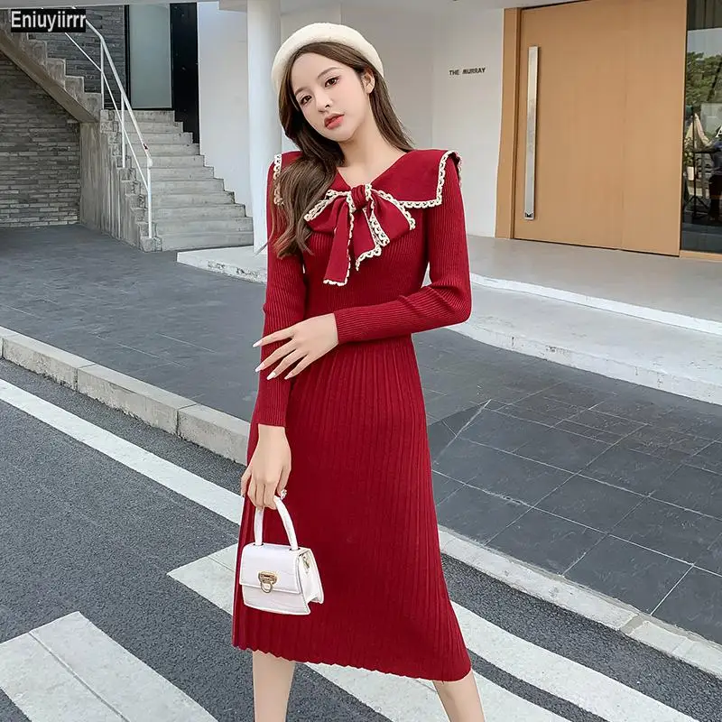 Women Winter Spring Bow Tie Cute Sweet Long Red Knit Sweater Dress