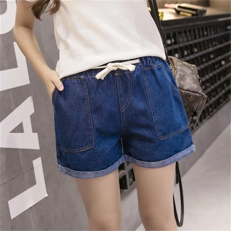 Summer fat mm plus fat plus plus size women\'s Elastic Waist Wide Leg loose hole jeans women\'s shorts trend