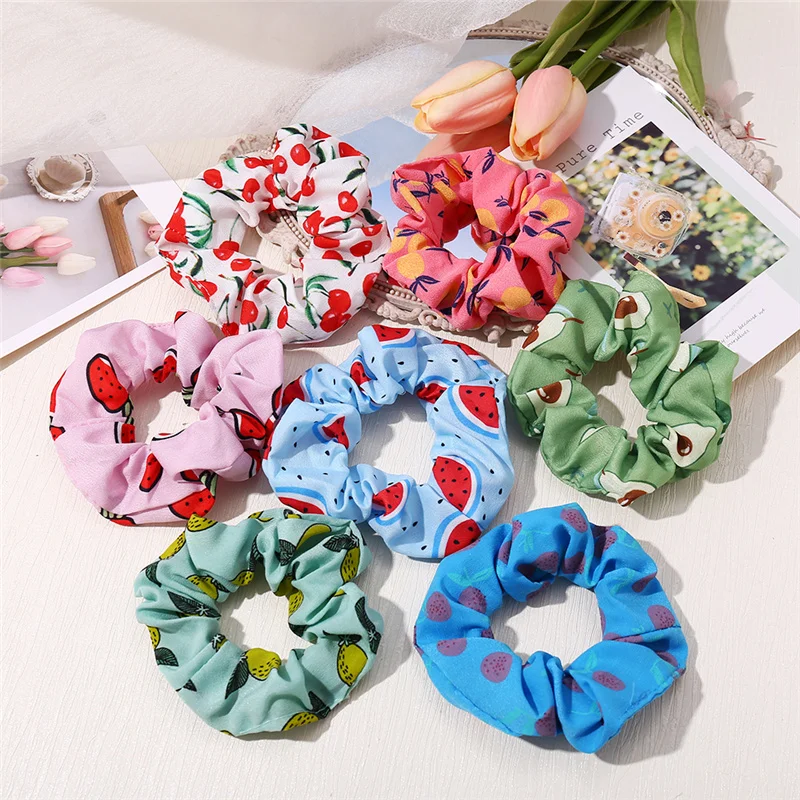 Korean Fashion Hair Scrunchie Girls Women Fruits Avocado Printed Elastic Hair Tie Ponytail Hair Holder Rope Hair Accessories
