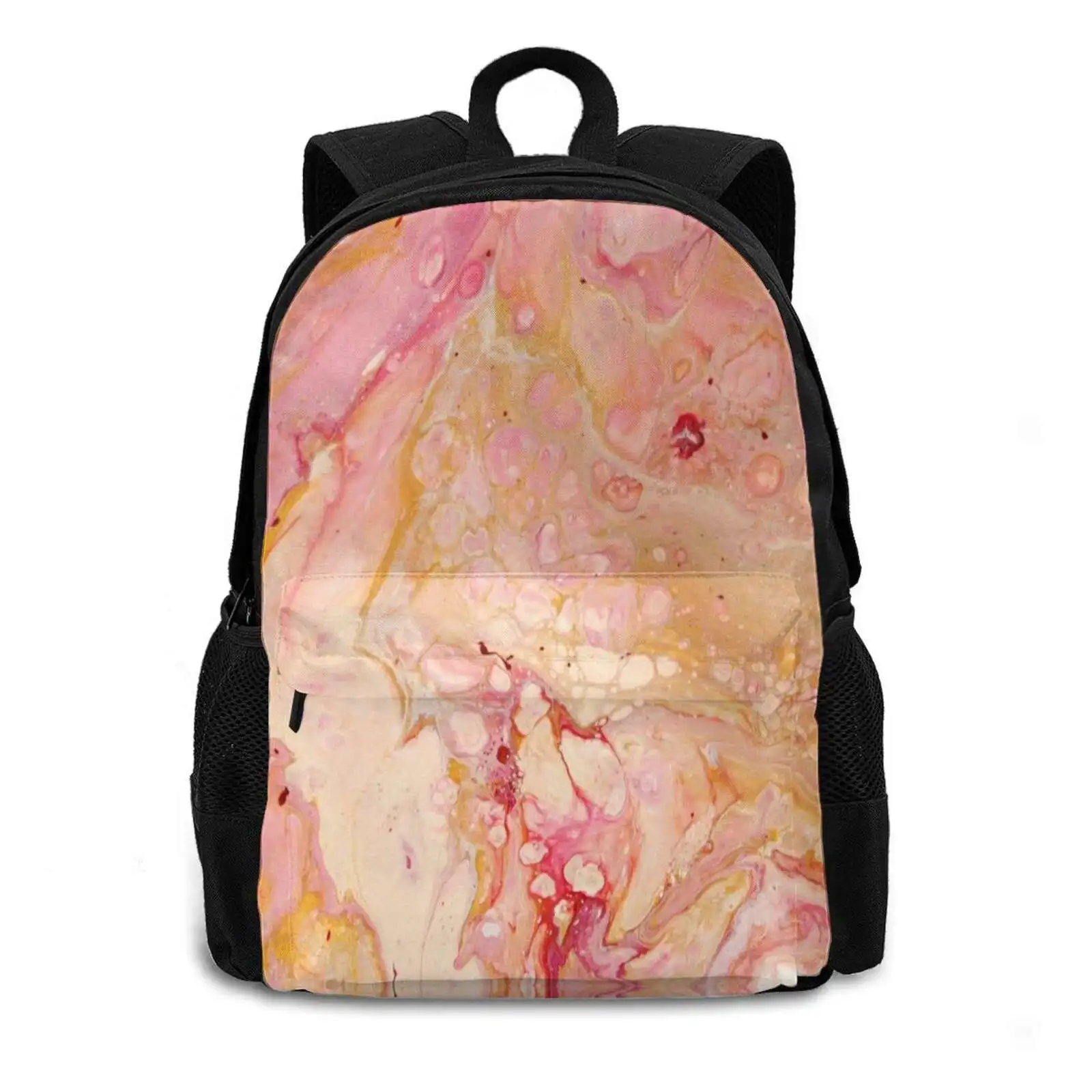 Pink Bubblegum Fun-Abstract Acrylic Pour Art Hot Sale Schoolbag Backpack Fashion Bags Pink Peach Gold Marbled Pattern Bubble