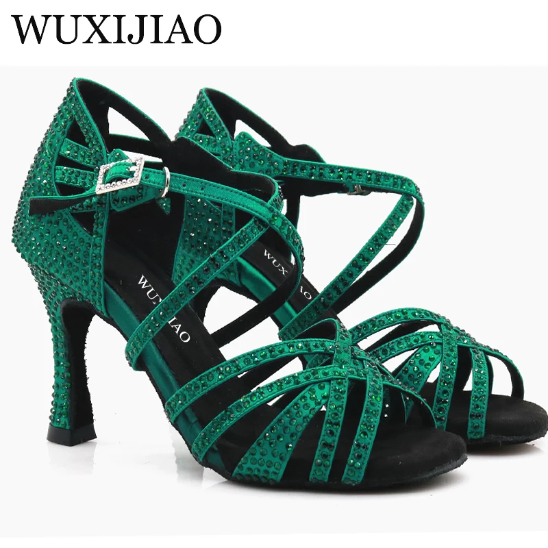 WUXIJIAO Dance shoes Rhinestone dance shoes ballroom dance shoes women jazz dance shoes contrast Rhinestone green