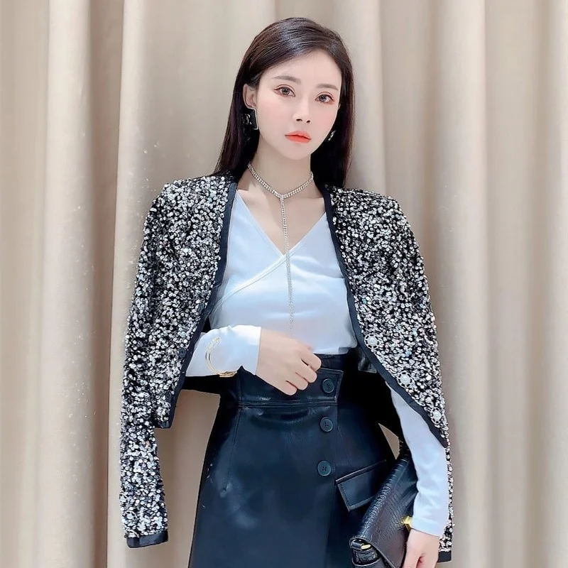 Jacket Sequins Office Lady V-Neck Single-Breasted Long-Sleeve Short Coat Elegant Autumn Winter Outerwear Solid Slim Fit Women