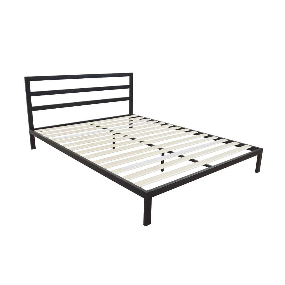 Iron Bed Frame Square Horizontal Bar Bedside Full Size 198 x 137.5 x 85 CM Black[US-Stock]