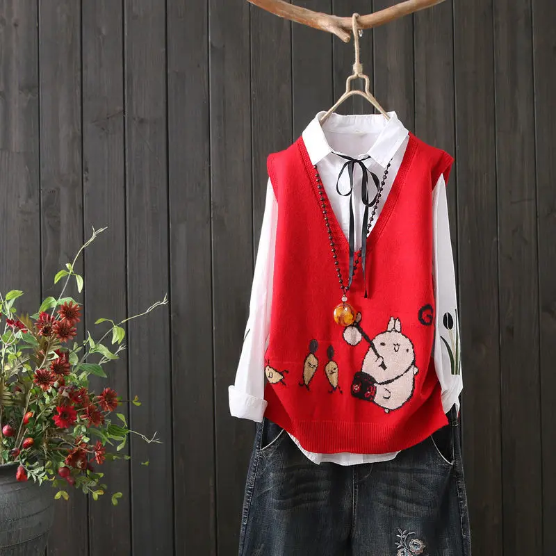 Spring and autumn fashion new western style casual sweater vest knitted women loose sleeveless V-neck all-match blouse