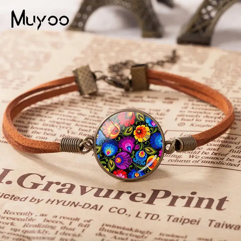 2019 New Polish Folk Art Patterns Leather Bracelet Flowers Painting Bracelets Glass Dome Cabochon Jewelry