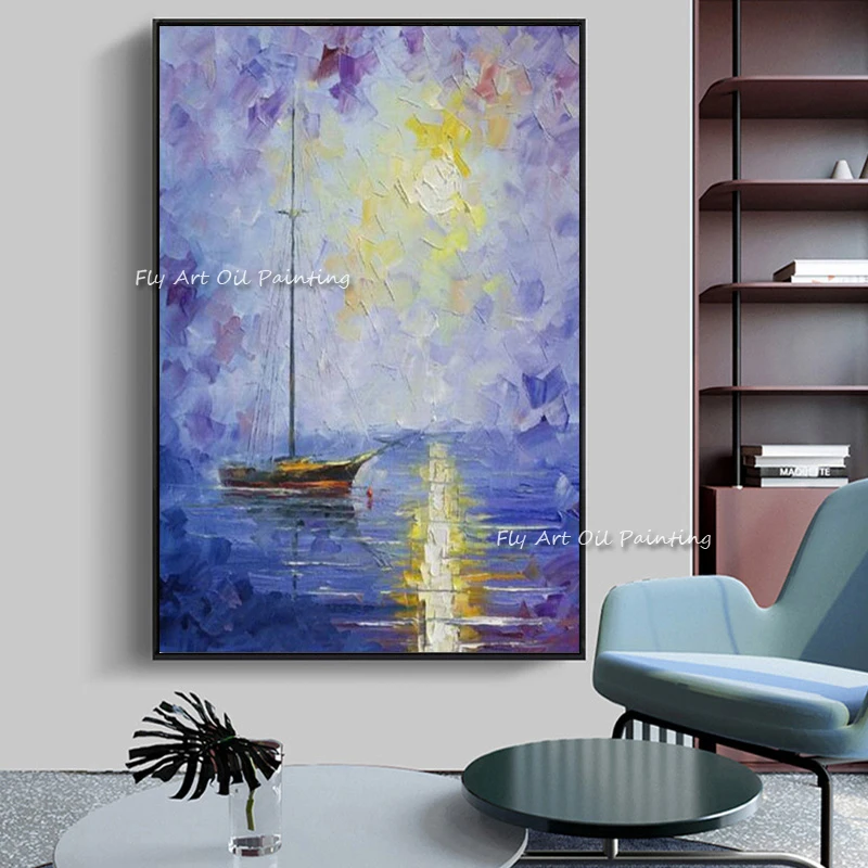 

100% Handmade New Purple Sailboat Canvas Oil Painting Modern Abstract Art Painted By Skill Artist Home Decor For Living Room