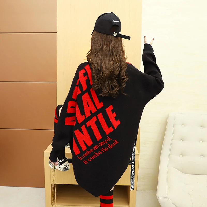 ins fashion letter irregular pullover sweater women round neck 2021 new Korean style outer wear hip-hop style knitted sweater