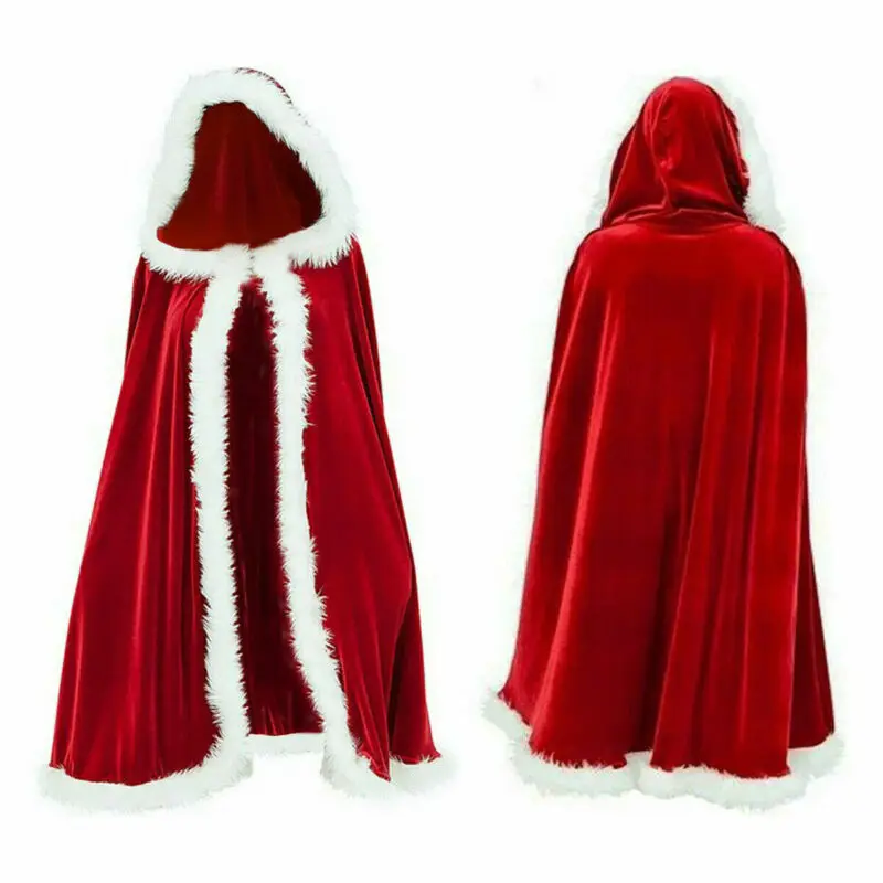 Christmas Costume For Adult Kids Women Hooded Christmas Cloak Mrs Santa Claus Velvet Fur Cloak Capa Red Cloak Cape Party Cosplay