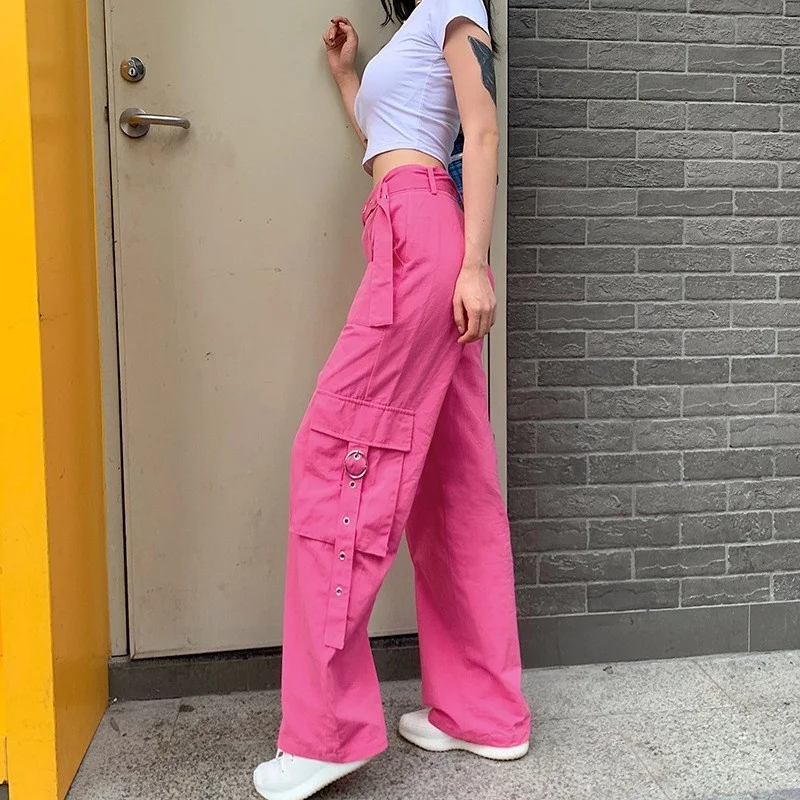 

Women Fashion Pink Multi Pockets Cargo Pants Female Belted High Waist Straight Long Trousers Casual Streetwear Loose Fit Pants