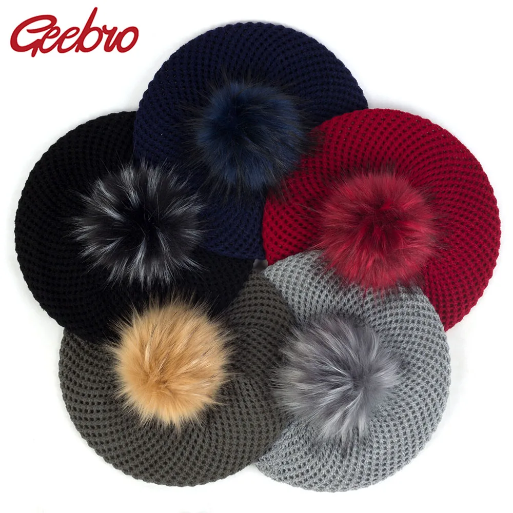 Geebro Women Double Layer Berets Hat Winter Casual Knitted Wool Berets With Faux Fur Pompon Ladies Solid Color Beret Hats