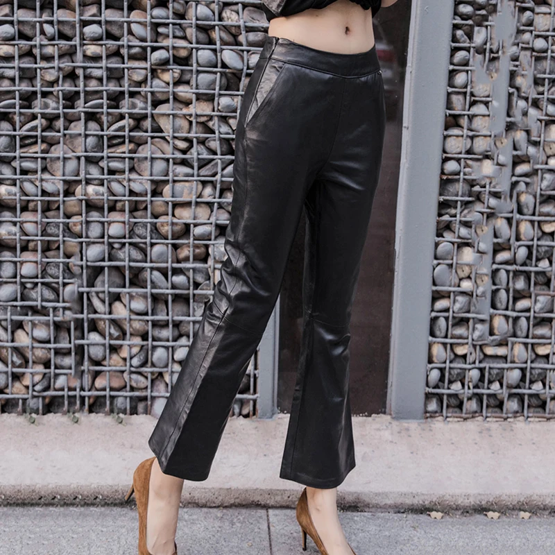 Women Flare Pants 2020 Autumn Black Plus Size Slim Real Leather Sheepskin Female Ankle Length Trousers Ladies Streetwear